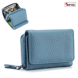 Womens Mini Coin RFID Blocking Trifold Button Short Purse Ladies Genuine Leather Card Holder Wallet 240521