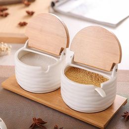 Kitchen spice rack ceramic wood cover bamboo tray base seasoning pot tool ceramic tile storage container set convenient for salt and pepper 240506