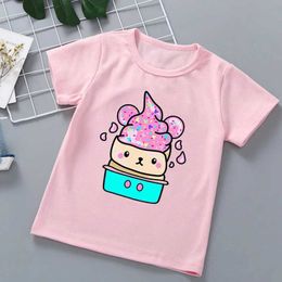 T-shirts Cute Pink Chimney Cake Cartoon Print Tshirt Girls/Boys Ice T Shirt Kids Clothes Harajuku Kawaii ChildrenS Clothing Y240521
