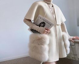 Fall Winter Luxury Women Real Lamb Wool cashmere Vest waistcoat Stylish Long Real Fox Fur Jackets cloak coats2564379