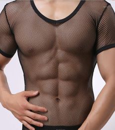 Casual Solid Tight Sexy Mens Fitness Super Thin Shapewear Transparent Mesh See Through Short Sleeve T shirt Tops Tees Undershirt12973610