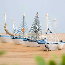 Model Set Mini Mediterranean style ocean sailing wooden blue sailboat wooden craft ocean decoration party room home decoration S2452196
