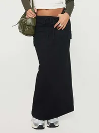 Skirts Women Summer Cargo Skirt Casual Solid Colour Drawstring Split Long With Pockets For Beach Vacation Club Streetwear