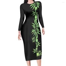 Casual Dresses Women Elegant Party Dress Polynesian Tribal Green Tropical Plants Print Custom Maxi Long Sleeve Streetwear