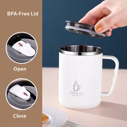 Mugs 500ml/17oz 304 Stainless Steel Water Bottle Double Layers Coffee Mug Milk Cup With Plastic Lid And Handle Kitchen Tool