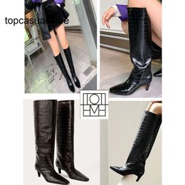 Toteme black shoes crocodile patterned women's cowhide square pointed toe slim heel boots