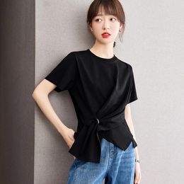 Women's Blouses Black Retro Design Crew-neck Slit T-shirt Summer Loose Slimming Top