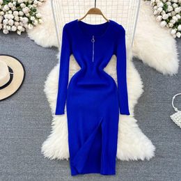 Casual Dresses Autumn And Winter Square Neck Zipper Slit Dress Women's Slim Temperament Fashion Sexy Bottoming Bag Hip Knitted