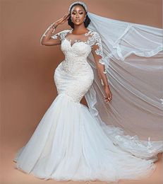 Plus Size Mermaid Wedding Lace Sexy Long Sleeves Arabic Aso Ebi African Tulle Vintage Bridal Gowns Dresses