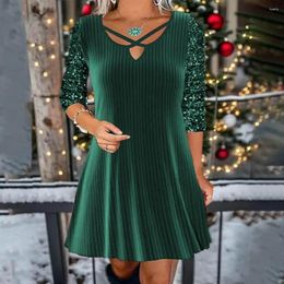 Casual Dresses Autumn Winter Women Dress V Neck Shiny Sequin Long Sleeve A-line Loose Hem Soft Pullover Vintage Prom Party Mini