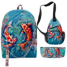 Backpack Fashion Trendy Funny Golden Carp 3D Print 3pcs/Set Student School Bags Multifunction Travel Chest Bag Pencil Case