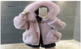 Large Fur Collar Hooded Short Wool Coat Fur Decoration Loose Plush Coat Fox Fur Hood Pink Cute Wind Woman Winter Zipper Jacket G107666331