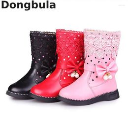 Boots Girl Winter High Fashion Dress Shoes With Fur Kids Snow Girls Bow Tie Lace Pearl Children Warm