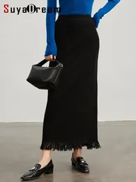 Skirts SuyaDream Women Long Skirt Merino Wool Solid Woollen Knitted Slim 2024 Autumn Winter Warm Under Dress Black Blue