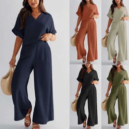 Kvinnors jumpsuits Rompers Womens 2 Piece Outfits Summer Casual Short Sleeve V Neck Crop Top och Wide Ben Pants Lounge Set med fickor Y240521