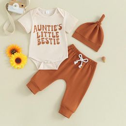 Clothing Sets Baby Boys Girls Summer Outfits Letter Print Crew Neck Short Sleeve Rompers Long Pants Hat 3Pcs Clothes Set