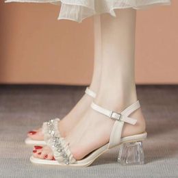 Designer High Heels Crystal Thick Heel Sandals for Women 2024 New Summer Matching Skirt Shoes Fairy Middle Outsiders Womens