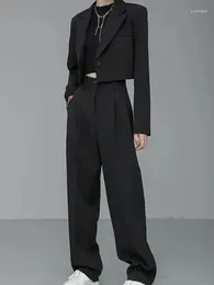 Women's Two Piece Pants Blazer Suits Office Lady For Women Korean Set Short Jacket Crop Top Long Black Ensemble Femme 2 Outfits