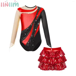 Clothing Sets Children Girls Ballet Dance Figure Skating Gymnastics Acrobatics Leotard Set Long Sleeve Bodysuit With Sequin Tiered Culottes