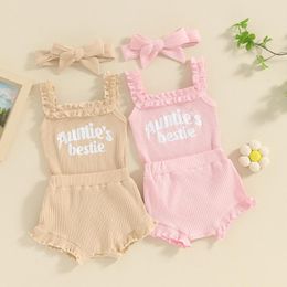 Clothing Sets Ruffle Sleeveless Baby Girls Summer Outfits Cute Lovely Letter Print Frills Straps Rompers Shorts Headband 3Pcs Kids Clothes