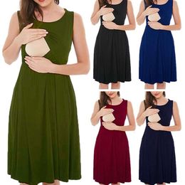 Women's Sleeveless Nursing ing Solid Colours Maternity Dress Breastfeeding Clothes Knee Pregnancy Dresses L2405