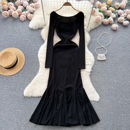 Casual Dresses Women's Fashion Autumn Winter French Long Sleeve Fishtail Black Dress Vintage Elegant Clothes Vestidos De Mujer L635