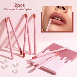 12pcs Long Wear Velvety Nude Lip Gloss Lipstick Lip Liner Set Lip Liner Pencil 240521