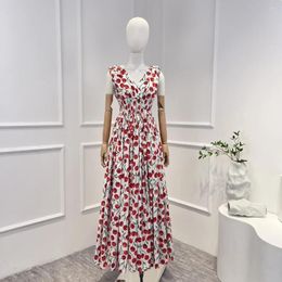 Casual Dresses 2024 Latest Collection Cotton Top Quality Elegant Cherry Printing Sleeveless Lace-up Shirred Waist Woman Midi Dress