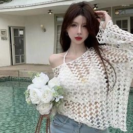 Women's Vests Spring And Summer Hong Kong Style Retro Small Sexy Hollow Out Versatile Off Shoulder V-Neck Sunscreen Loose Cover Shirt Knit