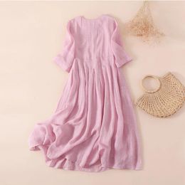 Casual Dresses Summer Woman 2024 Retro Loose Cotton Linen Solid Colour Mid-Length High Short-Sleeved Dress Elegant Women Robe