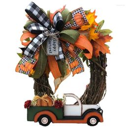 Decorative Flowers Y5LE Halloween Pumpkin Truck Wreath Harvest Plaid Bow Farmhouse Door Decor