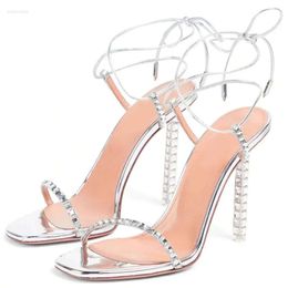 Stiletto Sier Rhinestone Sandals Open Diamond Toe Woman Summer 2024 Square Cross Tie High Heels Fashion Shoes feb