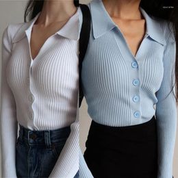 Women's Sweaters Long Sleeves Cardigan Sweater Fashion Lapel Neck Slimming Ribbed Ladies Knit Buttons Down Tops N7YF