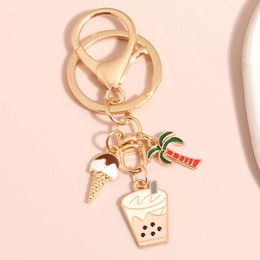 Cute Enamel Keychain Ice Cream Coconut Tree Bubble Tea Ring Summer Key Chains For Women Men DIY Handmade Jewellery Gifts