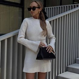 Casual Dresses Ladies Elegant White Mini Knitted Dress 2024 Winter Women O-neck Pleated Sweater Chic Ribbed Black