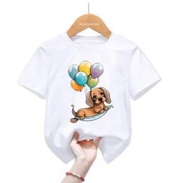 T-shirts Cute Dachshund Love Balloon Animal Print T Shirt Girls/Boys Kawaii Dog Lover Tshirt Kids Clothes Summer Tops Tee Shirt Y240521
