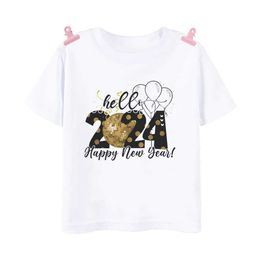 T-shirts Hello 2024 Print Child T-shirt Happy New Year Boys Girls Outfits Clothes Winter Holiday Party Kids T Shirt Short Sleeve Tops Tee Y240521