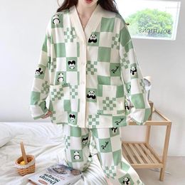 Women's Sleepwear Women Pyjama Sets Big Size Green Plaid Cardigan Loungewear Long Sleeve Trousers 2 Piece Set Cute Panda Pyjamas