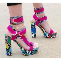 New Fashion Women Open Toe Suede Leather Platform Chunky Ankle Wrap Buckles Snake Thick Hig 34a