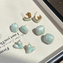 Stud Earrings 2024 Korean Light Blue Enamel Small Heart Square For Women Delicate Accessories Brincos