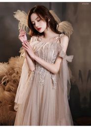 Party Dresses Champagne Pink Evening Gown Women Spaghetti Strap Applique Tulle Cocktail Dress Elegant Classic Bow Flutter Prom
