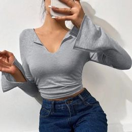 Women's T Shirts Fashion Clothing Autumn/winter Sexy Large V-neck Slim Fit Short Pleated Flared Sleeves Long Sleeved T-shirt Top YSQ39