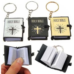 Keychains Lanyards Mini Holy Bible Keychain Real Paper Can Read Religious Christian Cross Keychain Car Keychain Fashion Gifts Jewelry Q240521