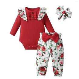 Clothing Sets Infant Baby Girl Clothes Set Knitted Long Sleeve Romper Bodysuit Top And Bowknot Pant With Hairband Born Spring Autumn Outfit