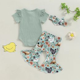 Clothing Sets Baby Girl Romper Outfit Ribbed Ruffled Short Sleeve Jumpsuit With Floral Chick Flare Pants Headband 3Pcs