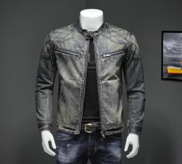 Men039s Blue Denim Vintage Classic Biker Motorcycle Jacket Stand Collar Retro Slim Fit Distressed Racer Jeans Coat Drop Shippin1138439822