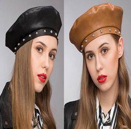 Stand Focus Women Faux Leather Studs French Beret Painter Flat Baker Boy Hat Newsboy Cap Ladies Fashion Fall Winter Black Brown St9457044