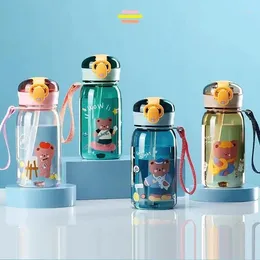 Water Bottles Cartoon Teddy Bear Children's Plastic Cup Portable For School Outdoor With Rope One Click Open Cover Summer Straw