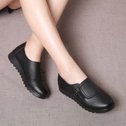 Autumn Leather Women's Loafers Wedges Casual Shoes Ladies Slip On Comfortable Black Work shoes Soft lightweight Mother Shoes