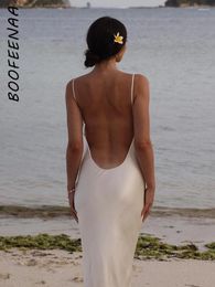 Casual Dresses BOOFEENAA Sexy Elegant Open Back Long Women Summer Vacation Outfits Beach Party Satin Slip Dress White Black C66-BE22